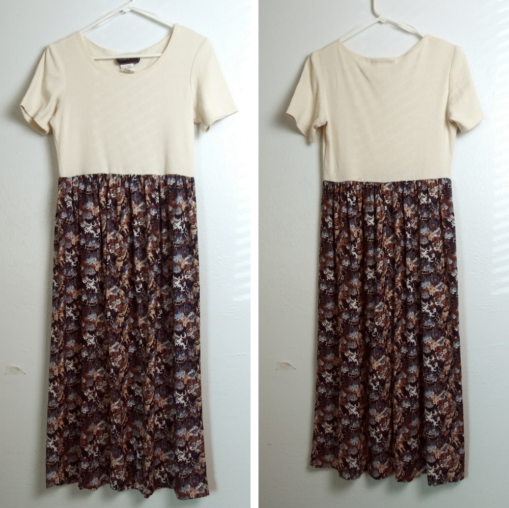 Molly Malloy Combo Midi Dress Women's Size 10 Floral Navy Beige Vintage Y2K